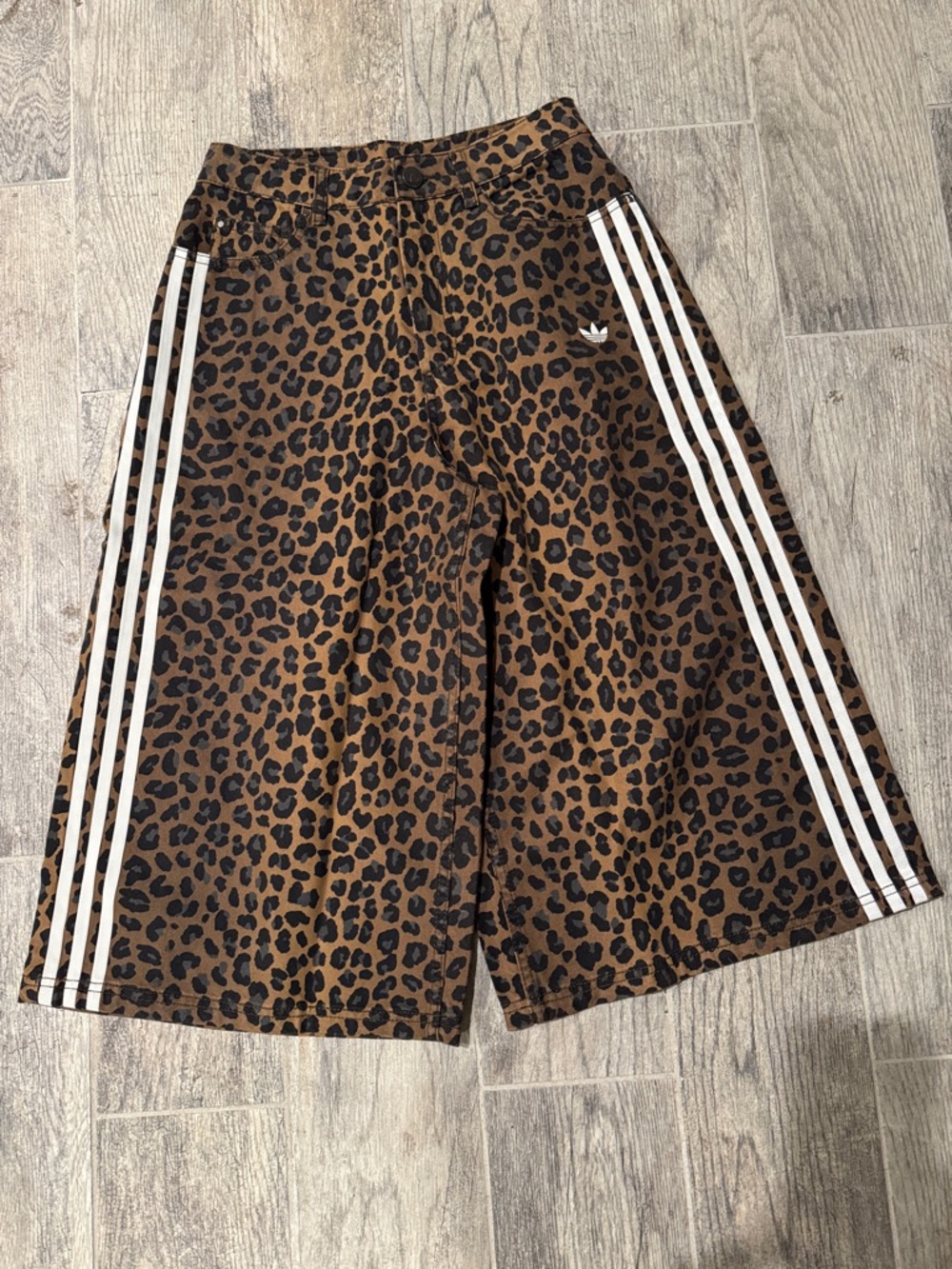 adidas Leopard-Print Wide Leg Shorts in Brown and Black with White Stripes